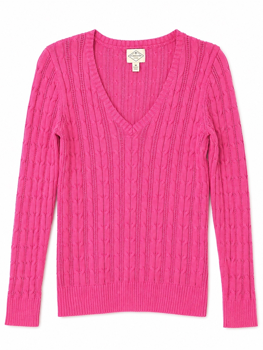 Pink Fisherman Cable Knit V-Neck Sweater Medium Cotton Blend Preppy
